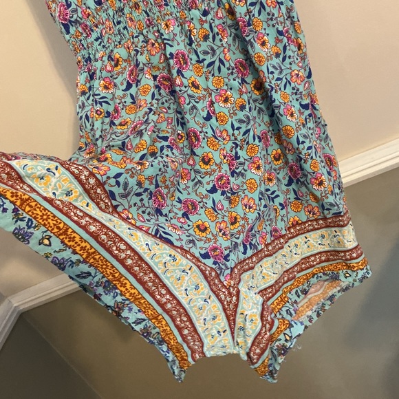 Bebop Boho Floral Sleeveless Romper | Turquoise Blue | Tassel Tie | Size Large - Picture 14 of 15